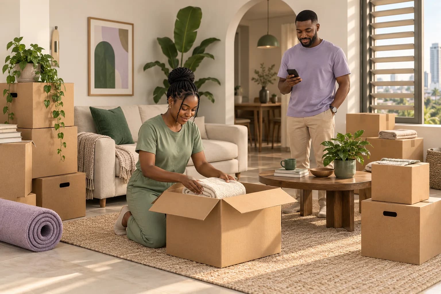 A Nigerian couple preparing boxes and planning their move in a bright, contemporary home.