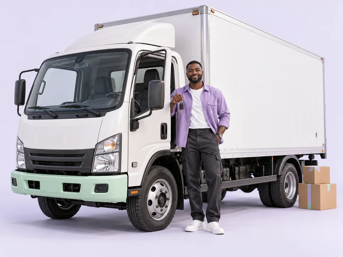 Illustration of a truck owner beside his moving vehicle.